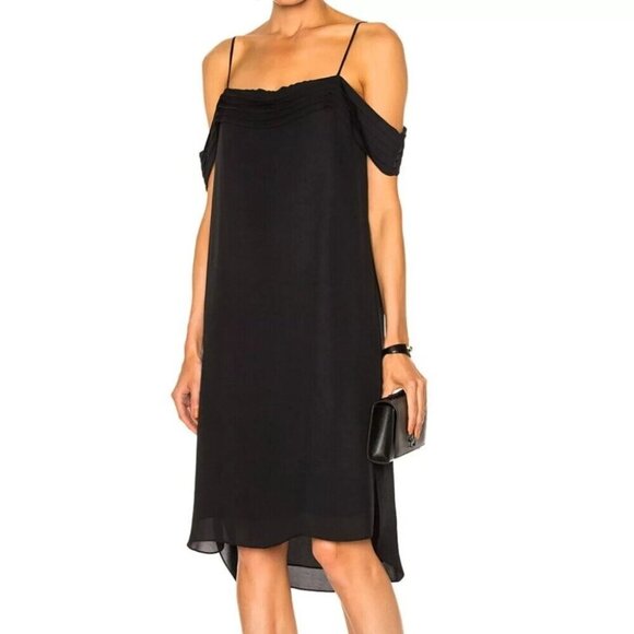 T by Alexander Wang Pleated Off-The-Shoulder Silk Dress Size 4 S Black - Picture 11 of 12
